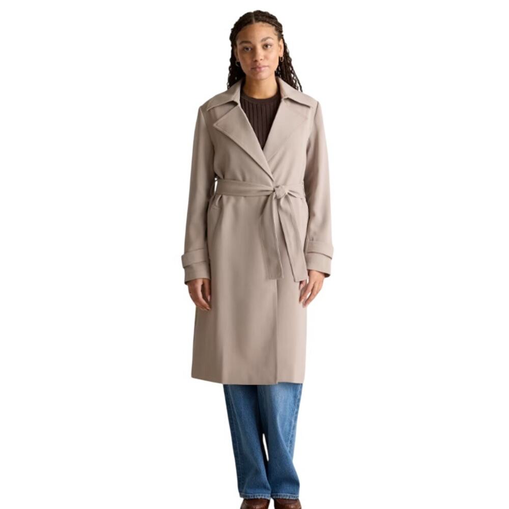 New Quince Women's S Morel Gray Stretch Crepe Trench Coat Preppy Belted Casual